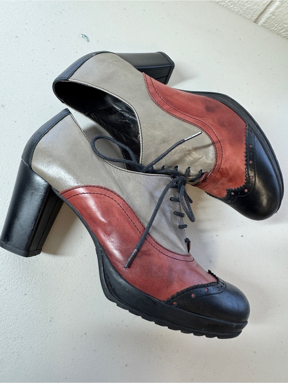 MJUS Leather Oxford Heels Colorblock EU 40 Spain Retro Art Boho Lagenlook Shoes - Picture 12 of 16
